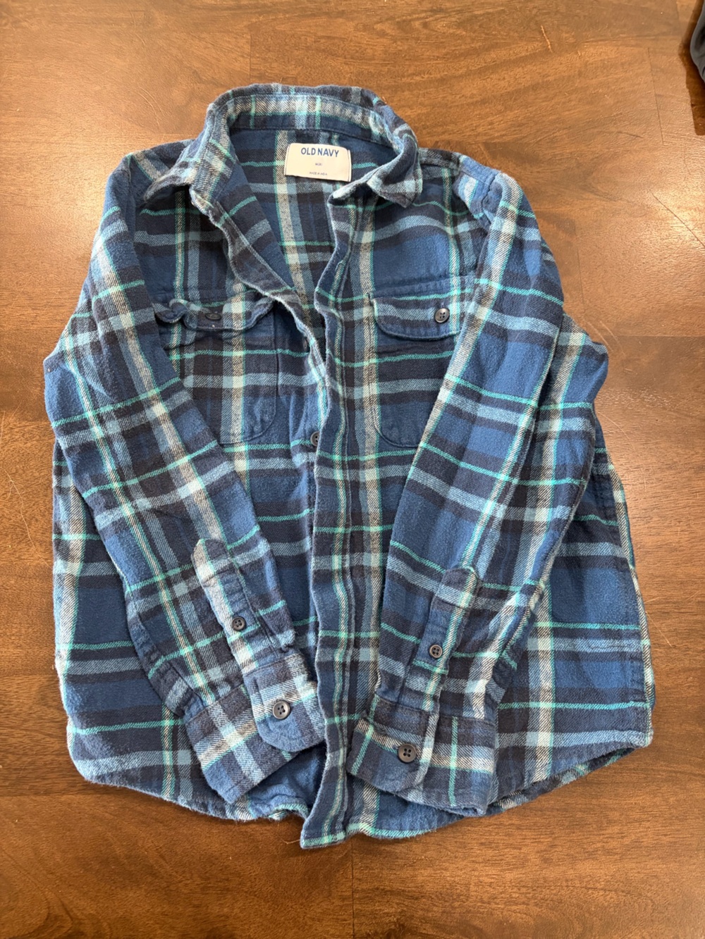 Old Navy Blue and Teal Plaid Button-Down Shirt